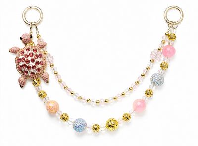 Pink Turtle Beaded Purse Charm with Gold Tone Accent Chain
