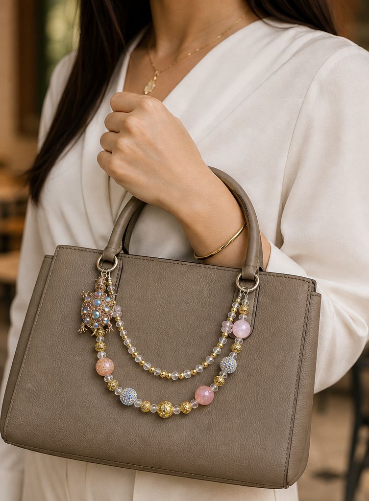 Elegant Turtle Beaded Purse Charm with Pink, Gold and Blue Accent Chain