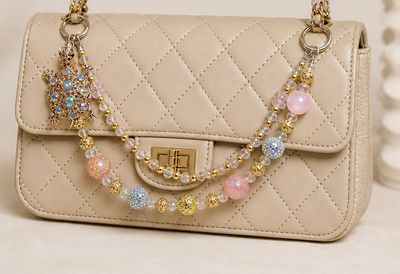 Elegant Turtle Beaded Purse Charm with Pink, Gold and Blue Accent Chain