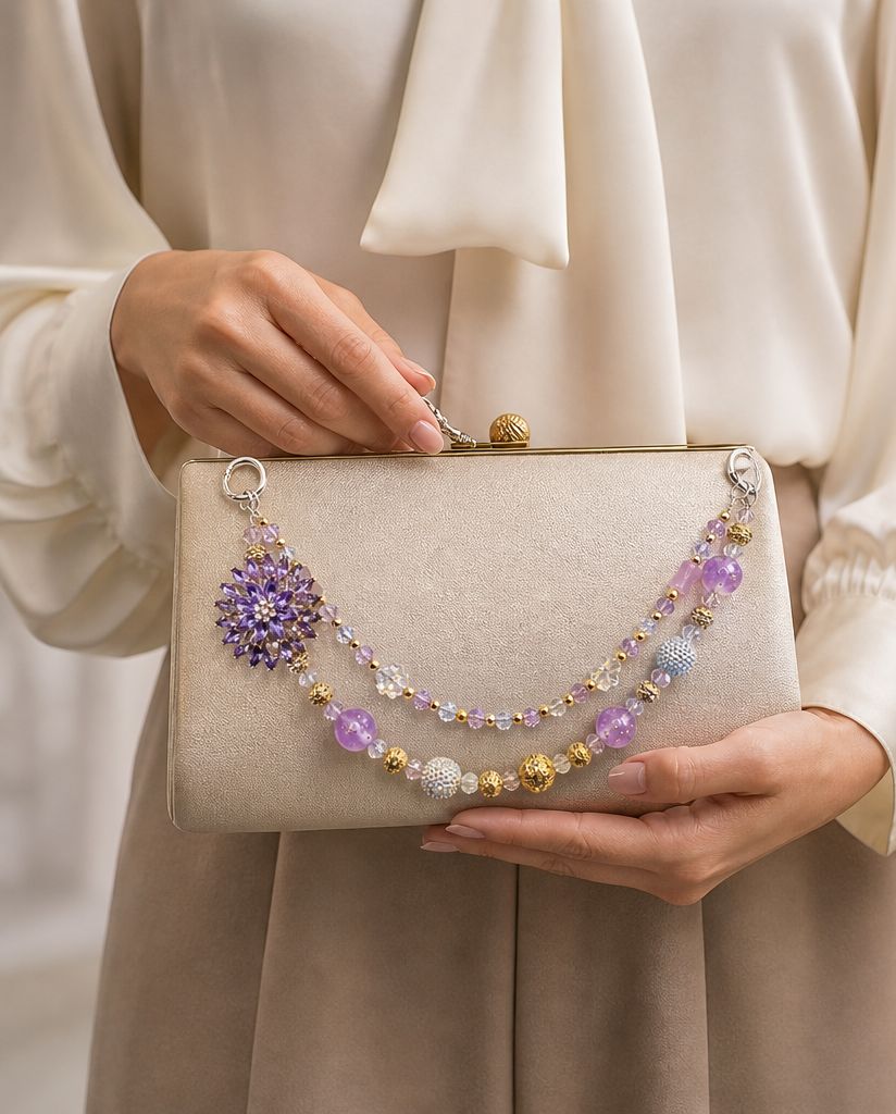 Purple Floral Beaded Clutch Charm Chain