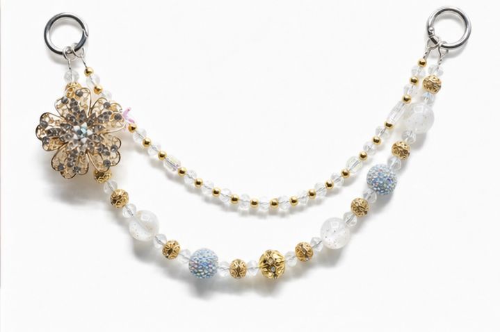 White and Gold Floral Beaded Purse Charm Chain