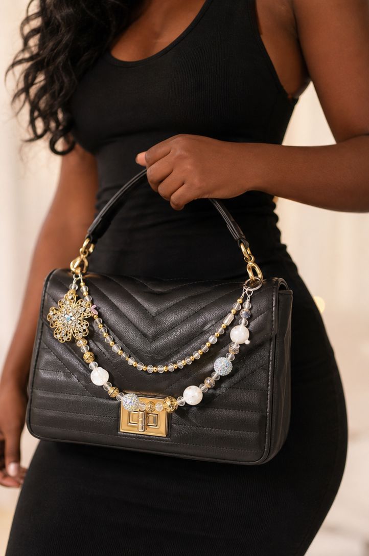 White and Gold Floral Beaded Purse Charm Chain
