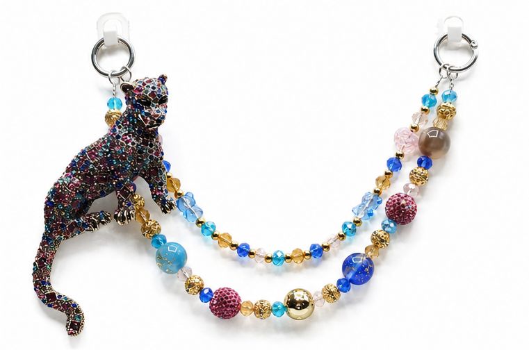 Leopard Beaded Purse Charm with Colorful Crystal Accent Chain