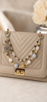 Turtle Beaded Purse Charm with Gold and Neutral Accent Chain