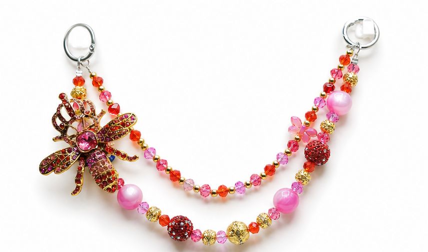 Pink and Red Bee Beaded Purse Charm Chain