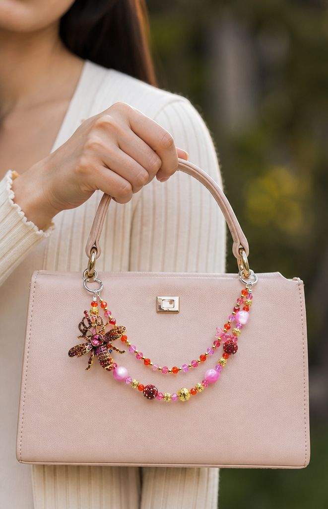 Pink and Red Bee Beaded Purse Charm Chain