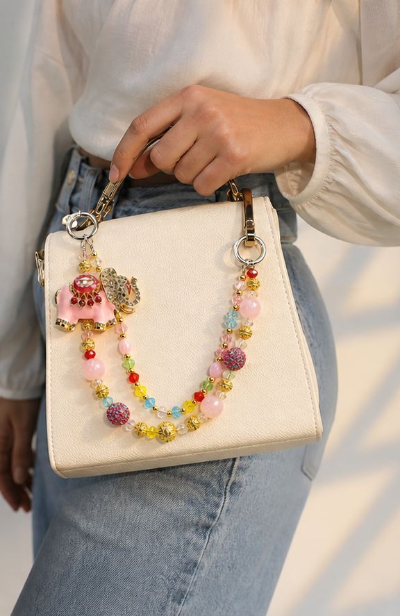 Pink Elephant Beaded Purse Charm with Colorful Gold Tone Accent Chain