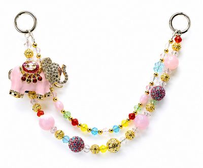 Pink Elephant Beaded Purse Charm with Colorful Gold Tone Accent Chain