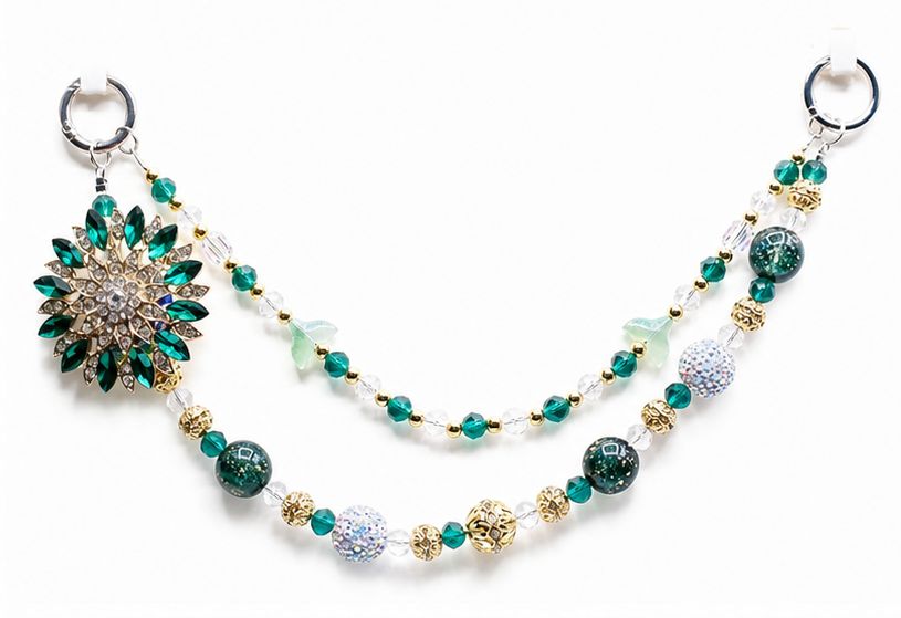 Emerald Green Flower Beaded Purse Charm Chain