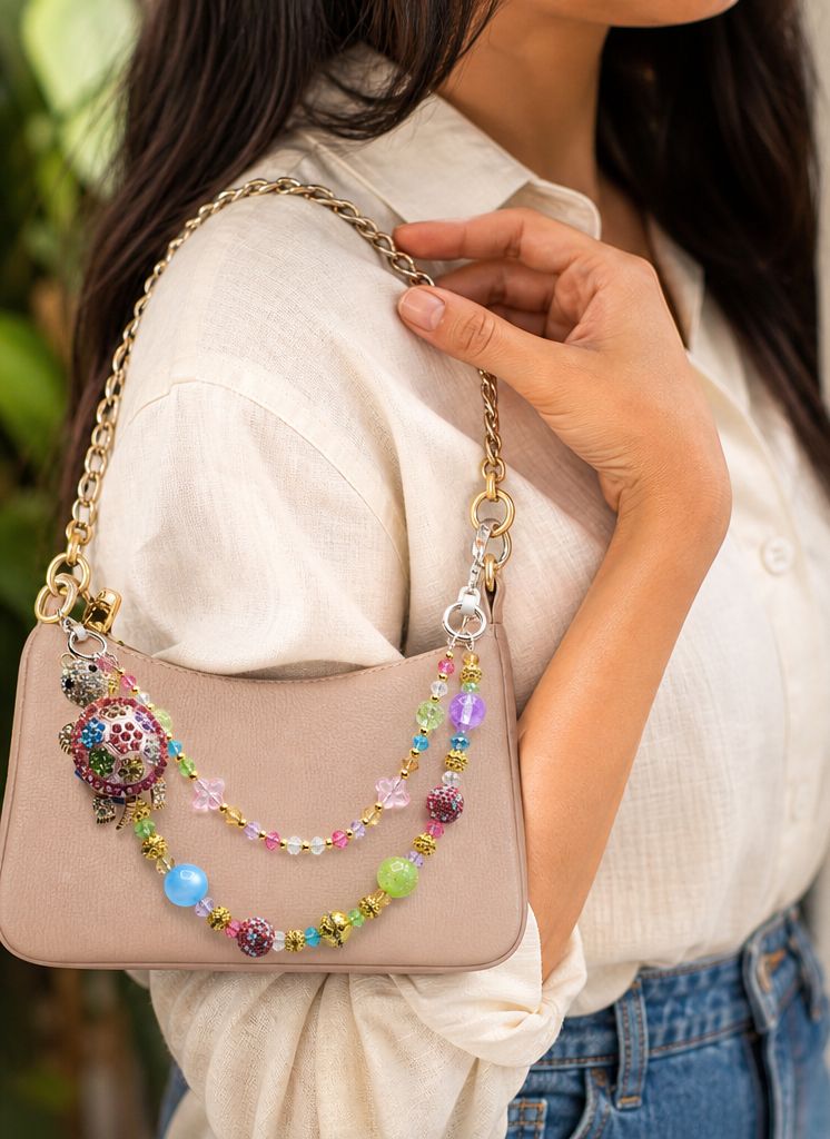 Colorful Turtle Beaded Purse Charm with Gold Tone Accent Chain