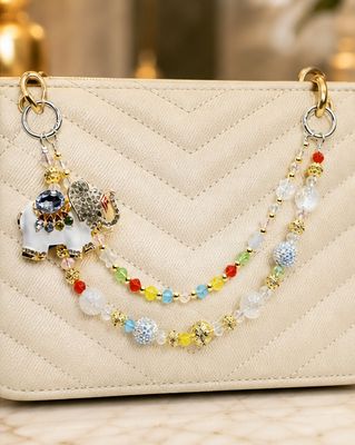 White Elephant Beaded Purse Charm with Colorful Gold Tone Accent Chain