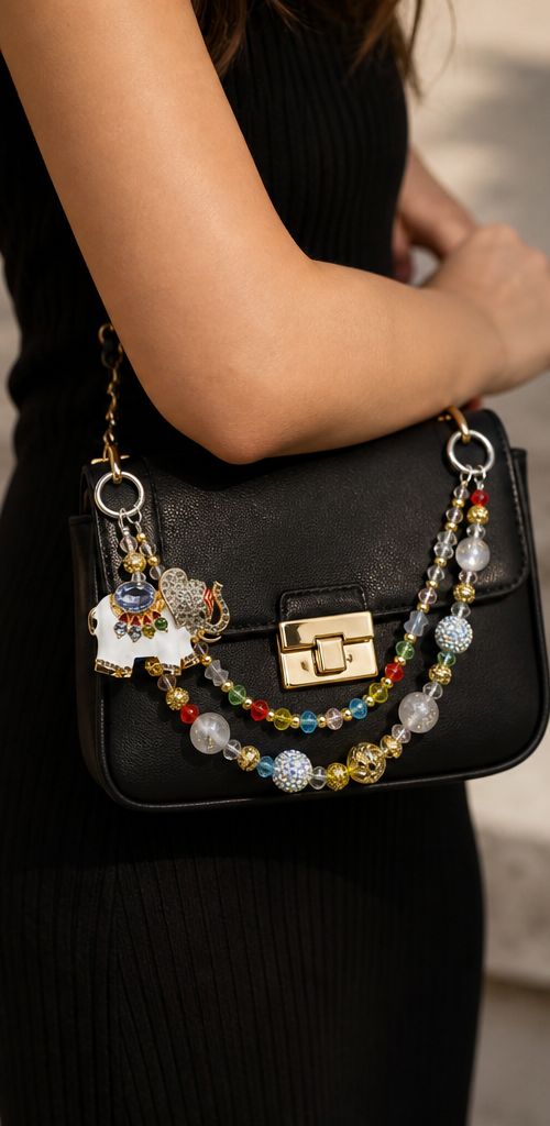White Elephant Beaded Purse Charm with Colorful Gold Tone Accent Chain
