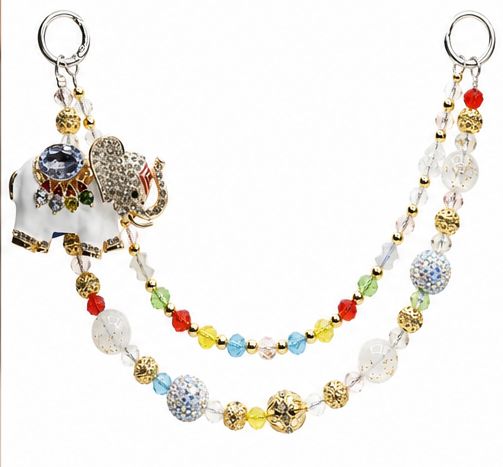 White Elephant Beaded Purse Charm with Colorful Gold Tone Accent Chain