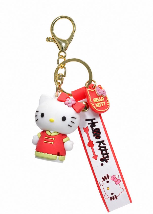 White Kitty Character Purse Charm with Red Bow, Gold Keyring, and Strap