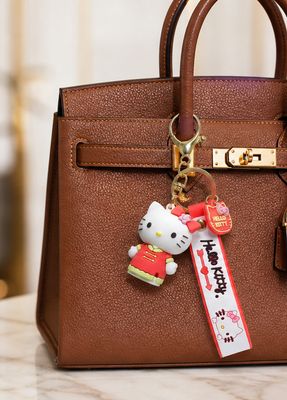 White Kitty Character Purse Charm with Red Bow, Gold Keyring, and Strap