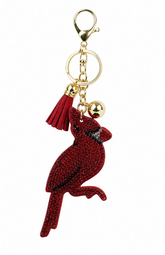 Red Rhinestone Cardinal Bird Purse Charm with Gold Keyring and Tassel