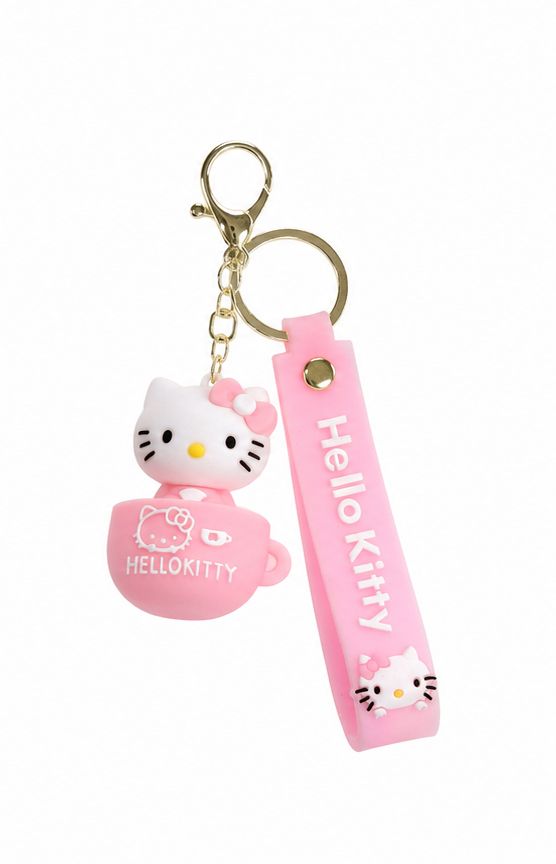 Pink Kitty Character Purse Charm with Cup Charm, Gold Keyring, and Wristlet Strap