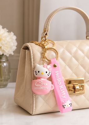 Pink Kitty Character Purse Charm with Cup Charm, Gold Keyring, and Wristlet Strap