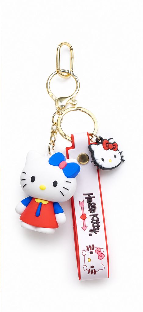 White Kitty Character Purse Charm with Blue Bow, Gold Keyring, and Strap