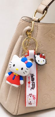 White Kitty Character Purse Charm with Blue Bow, Gold Keyring, and Strap