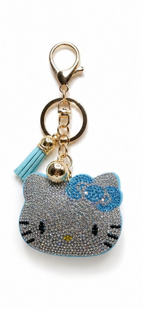 Silver Rhinestone Kitty Face Purse Charm with Blue Bow and Tassel