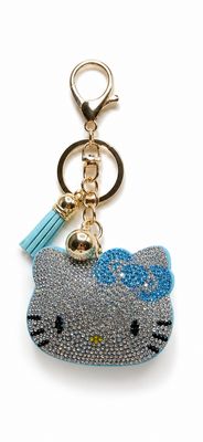 Silver Rhinestone Kitty Face Purse Charm with Blue Bow and Tassel