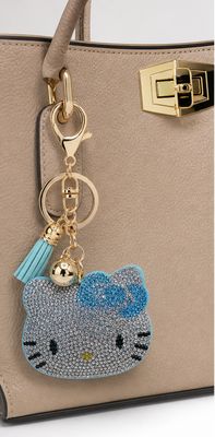 Silver Rhinestone Kitty Face Purse Charm with Blue Bow and Tassel