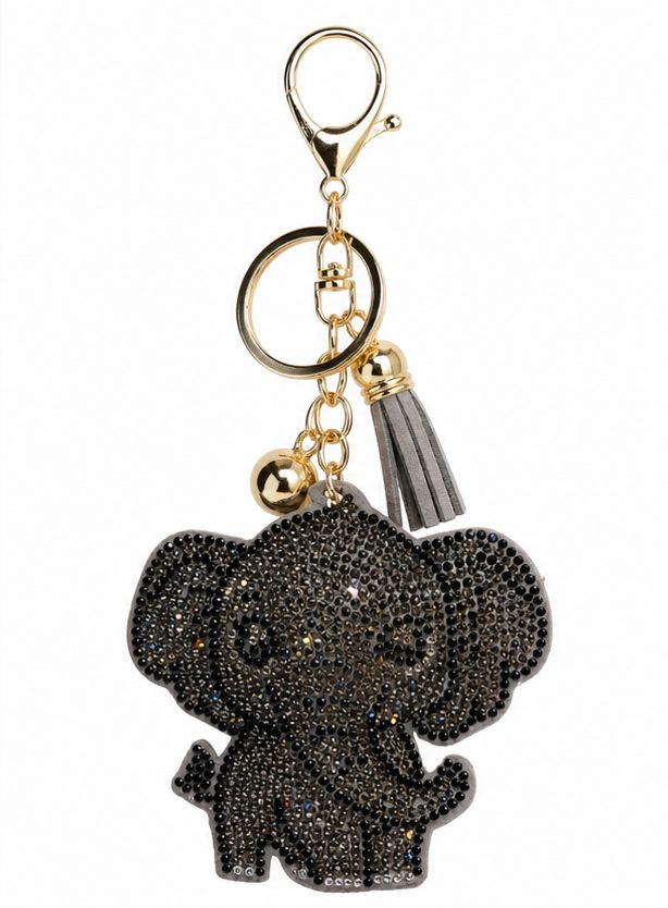 Black Rhinestone Elephant Purse Charm with Gold Keyring and Gray Tassel