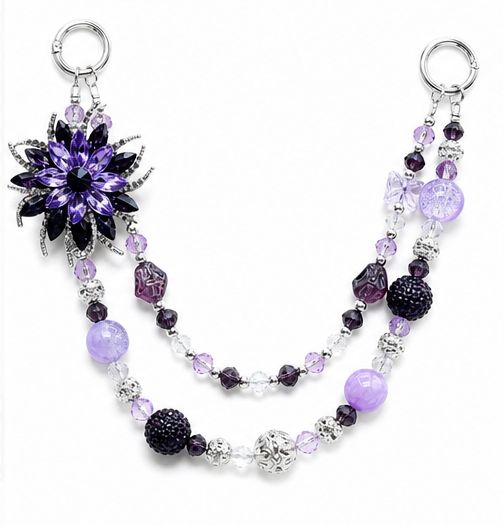 Purple Floral Beaded Purse Charm with Rhinestone-Style Flower and Double Strand Bag Chain