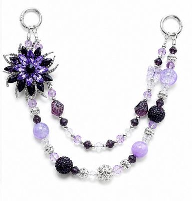 Purple Floral Beaded Purse Charm with Rhinestone-Style Flower and Double Strand Bag Chain