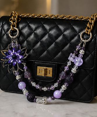Purple Floral Beaded Purse Charm with Rhinestone-Style Flower and Double Strand Bag Chain