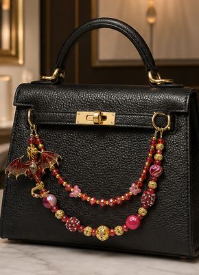 Red Beaded Dragon Purse Charm with Gold-Tone Chain