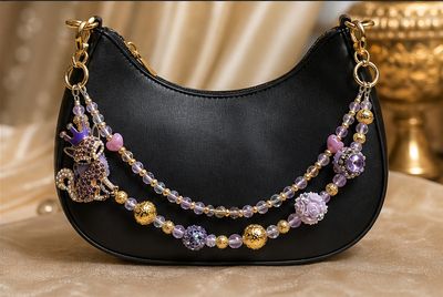 Lavender Beaded Fox Purse Charm with Gold-Tone Chain