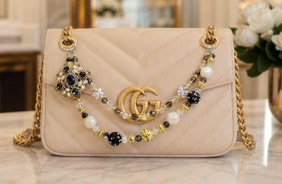 Black and Cream Beaded Purse Charm with Gold-Tone Accents