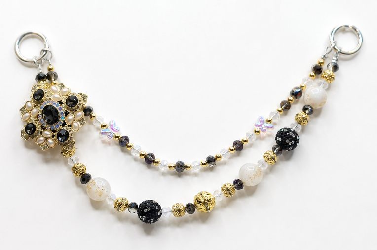 Black and Cream Beaded Purse Charm with Gold-Tone Accents