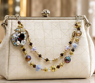 Brown and Gold Beaded Apple Purse Charm with Floral Accents
