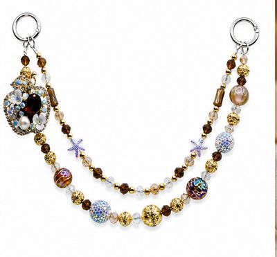 Brown and Gold Beaded Apple Purse Charm with Floral Accents