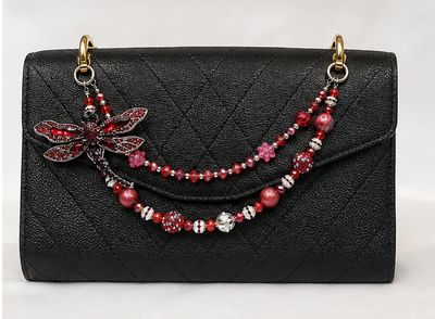Red Dragonfly Beaded Purse Charm with Rhinestone Accent and Double Strand Bag Chain