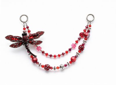 Red Dragonfly Beaded Purse Charm with Rhinestone Accent and Double Strand Bag Chain