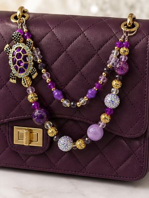 Purple Turtle Beaded Purse Charm with Gold-Tone Accents and Double Strand Bag Chain