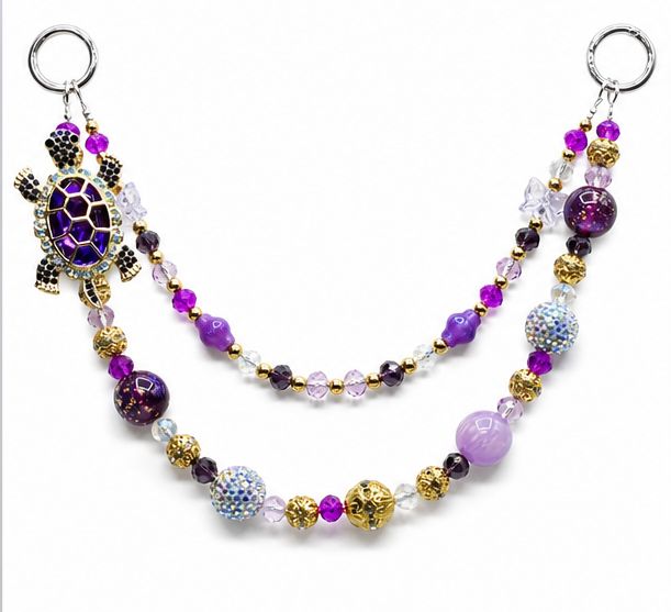 Purple Turtle Beaded Purse Charm with Gold-Tone Accents and Double Strand Bag Chain