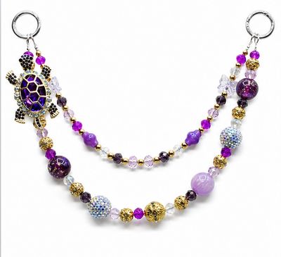 Purple Turtle Beaded Purse Charm with Gold-Tone Accents and Double Strand Bag Chain