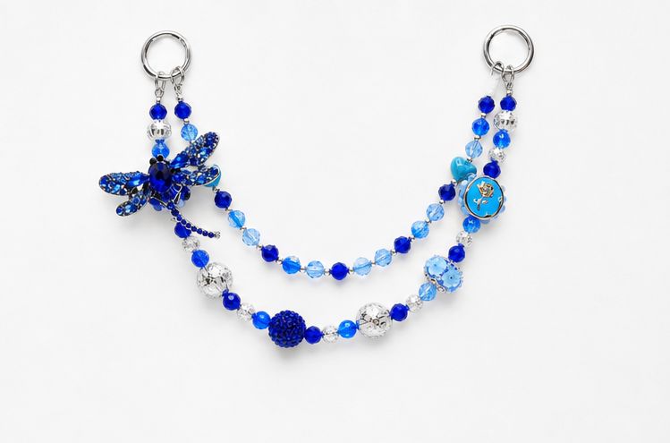 Blue Beaded Dragonfly Purse Charm with Silver-Tone Accents