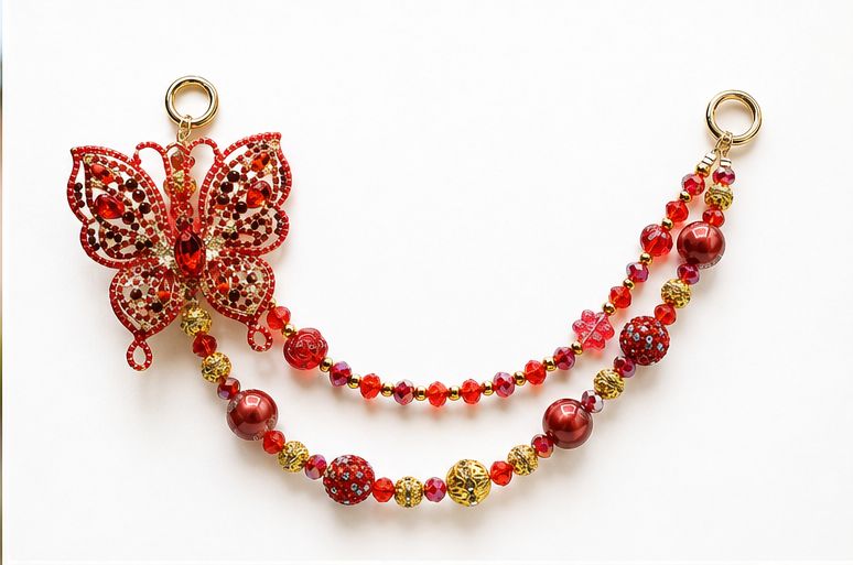 Red Butterfly Beaded Purse Charm with Gold-Tone Accents