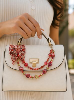 Red Butterfly Beaded Purse Charm with Gold-Tone Accents