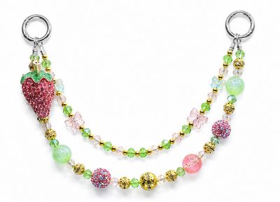 Pink Strawberry Beaded Purse Charm with Green and Gold Accents