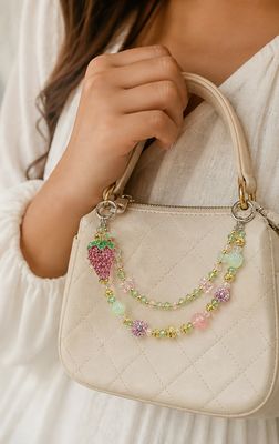 Pink Strawberry Beaded Purse Charm with Green and Gold Accents