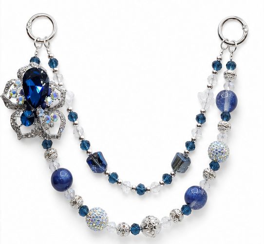 Blue Jeweled Floral Purse Charm with Silver-Tone Beaded Chain