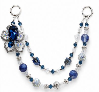Blue Jeweled Floral Purse Charm with Silver-Tone Beaded Chain