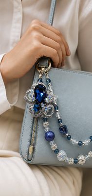 Blue Jeweled Floral Purse Charm with Silver-Tone Beaded Chain